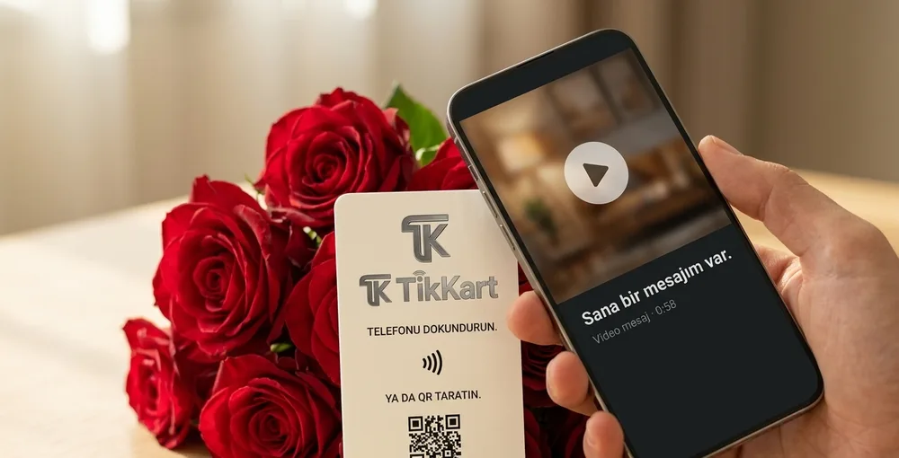 Gül buketindeki TikKart kartı ve video mesajın açıldığı telefon