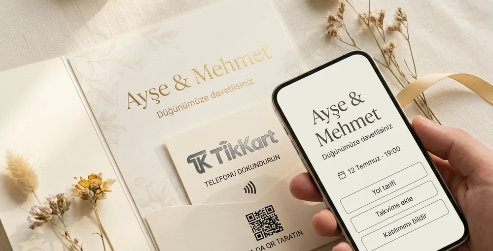 Düğün davetiyesinin içindeki TikKart kartı ve davet bilgilerini gösteren telefon
