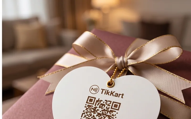 Kurdeleli hediye kutusuna bağlı kalp şeklinde TikKart etiketi