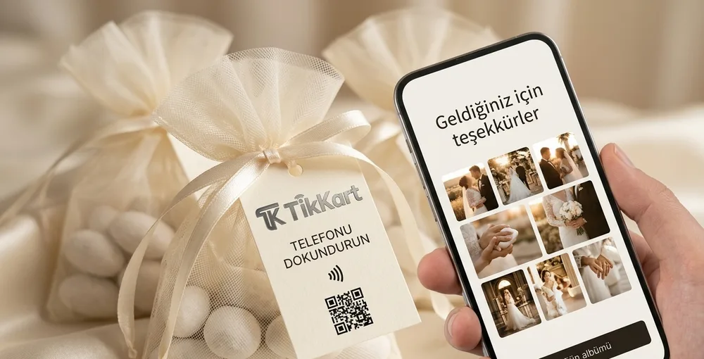 Tül keseli nikah şekerine bağlı TikKart etiketi ve düğün albümünü gösteren telefon