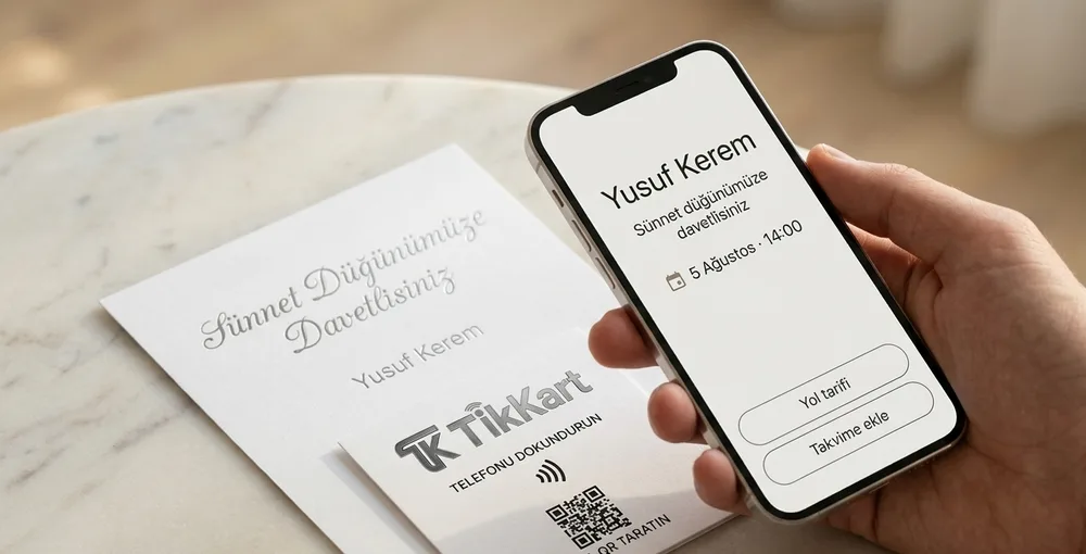Sünnet davetiyesi ve yanındaki TikKart kartı, telefonda davet sayfası