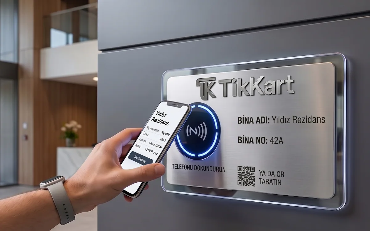 Bina girişindeki TikKart plaketine telefon dokundurulurken