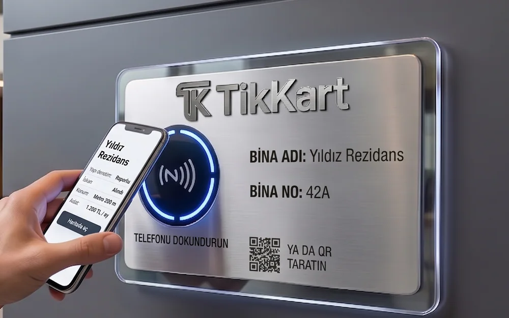 Bina adı, NFC alanı ve QR kodu bulunan TikKart plaketi