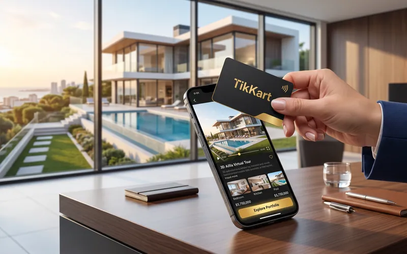 Villa önünde TikKart kartı ve ilan detayını gösteren telefon