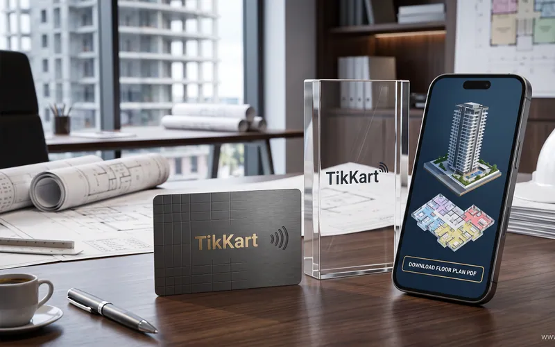 Mimari çizimlerin yanında TikKart plaketi ve proje bilgilerini gösteren telefon